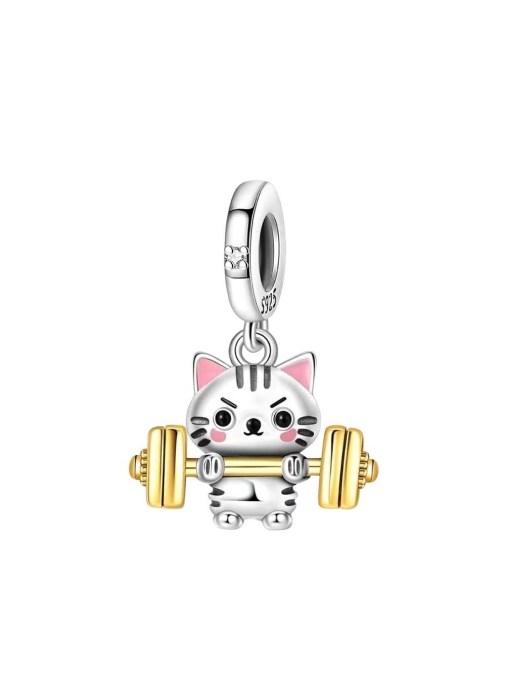 Sterling Silver Weightlifting Cat Charm Gold Barbell Fitness Kitty